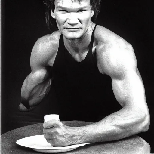 Prompt: patrick swayze eating! a cola cube, high quality photograph,