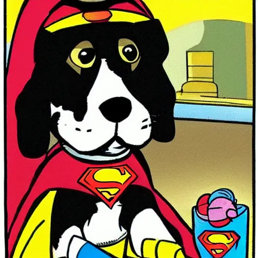Prompt: cartoon of a super hero dog wearing a cape saving toys