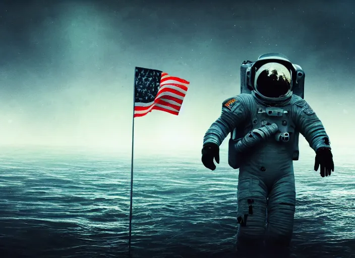 Image similar to astronaut holding a flag in an underwater desert. a submarine is visible in the distance. dark, concept art, cinematic, dramatic, atmospheric, 8 k, trending on artstation, blue, fish, low visibility, fog, ocean floor, christopher nolan, interstellar