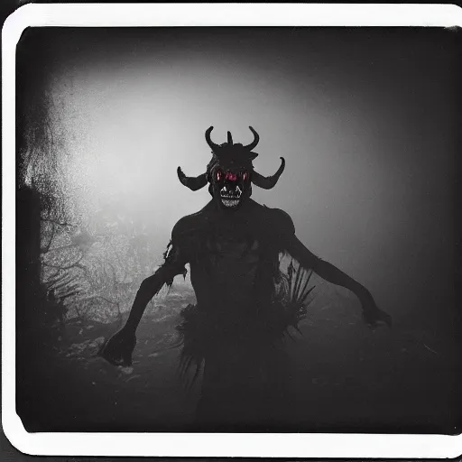 Image similar to an ancient demon-clown devouring a soul on an abandoned mad house, Colombian jungle, mist, 1910 polaroid photography, grainy film, resident evil, Black and white