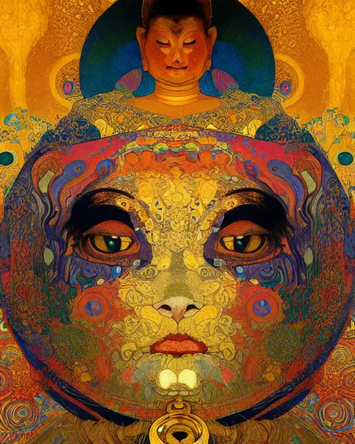 Image similar to buddha cat portrait an oil painting splashes with many colors and shapes by gustav klimt greg rutkowski and alphonse mucha, polycount, generative art, psychedelic, fractalism, glitch art