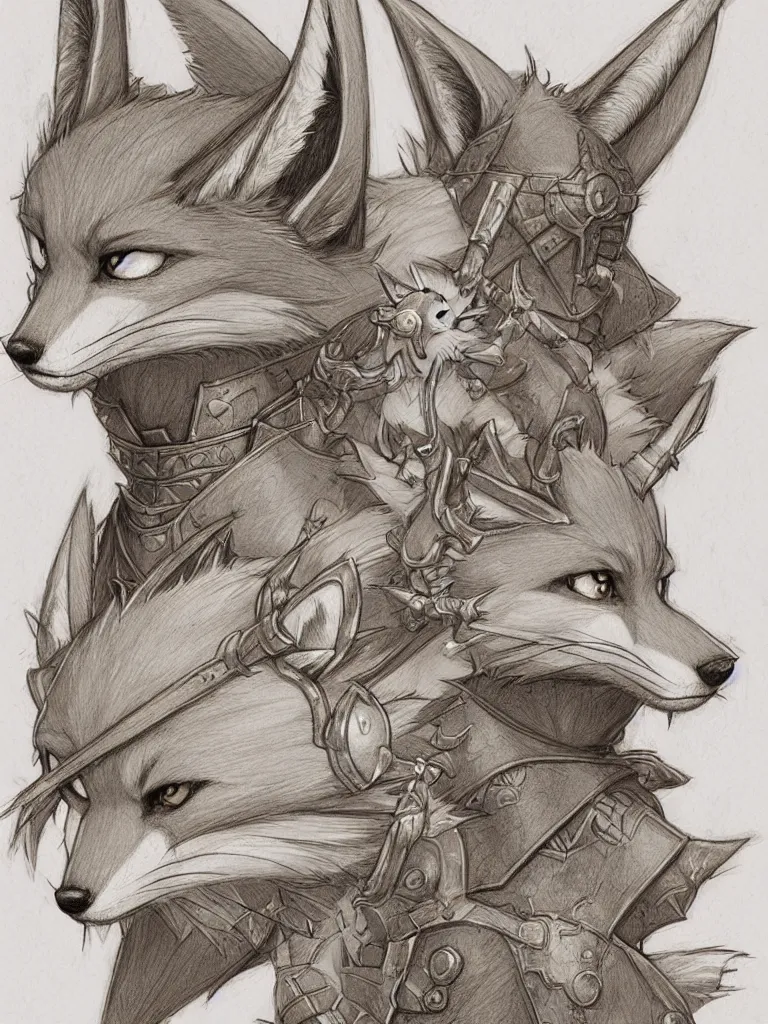 Image similar to heroic character design of anthropomorphic fox, whimsical fox, portrait, holy crusader medieval, final fantasy tactics character design, character art, whimsical, lighthearted, colorized pencil sketch, highly detailed, Akihiko Yoshida