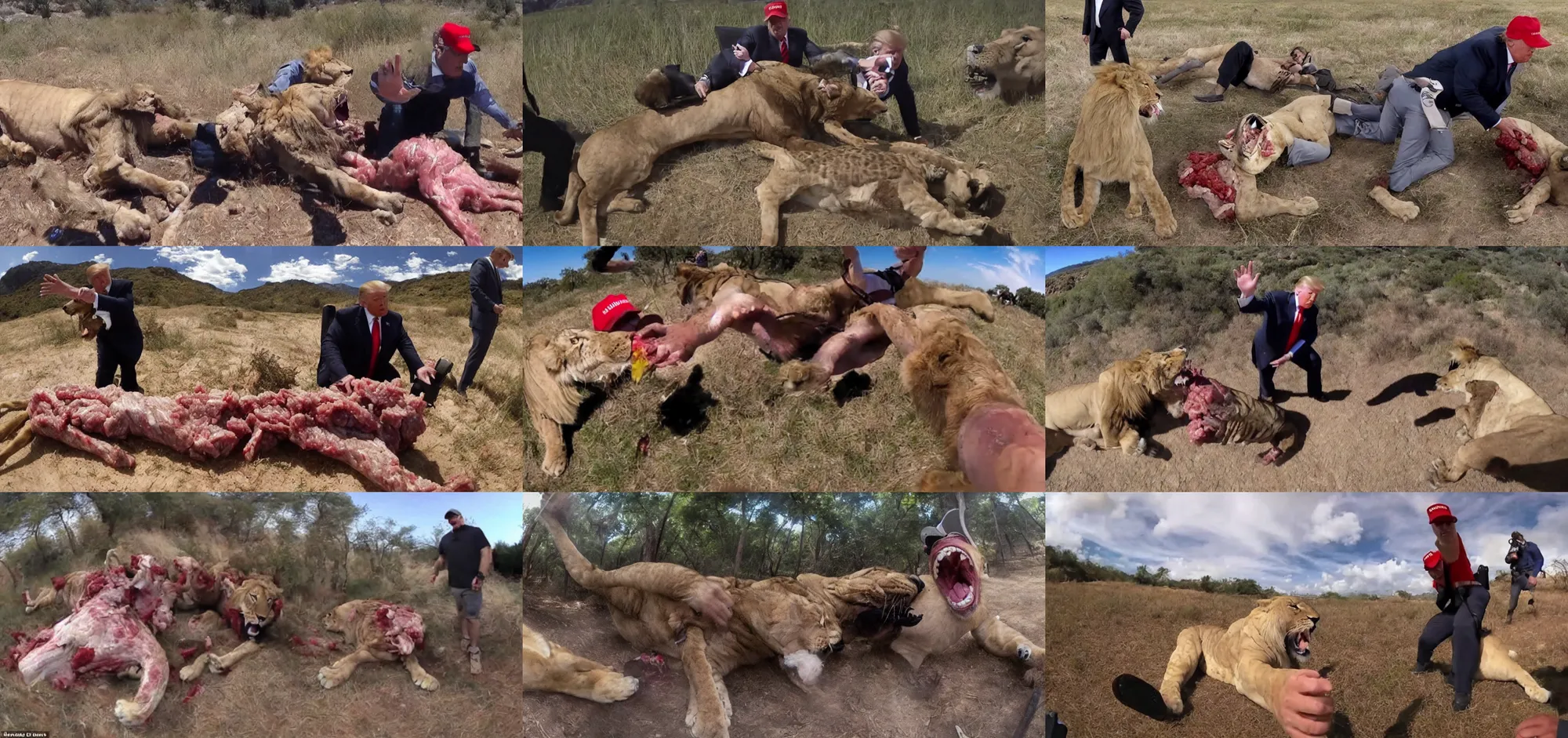 Prompt: gopro footage of trump getting mangled by a lion, blood and bone, ground meat