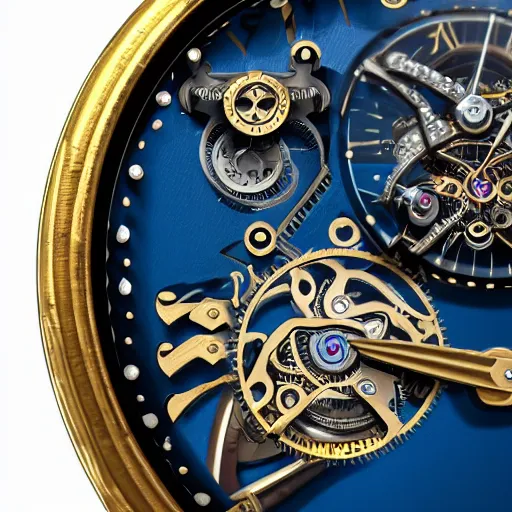 Image similar to a steampunk Jaquet Droz Skelet-One Tourbillon Only Watch reverse workings, highly detailed illustration highlights, gold and silver highlights, neon blue highlights, macro photography, F/2.8, trending on artstation, octane render