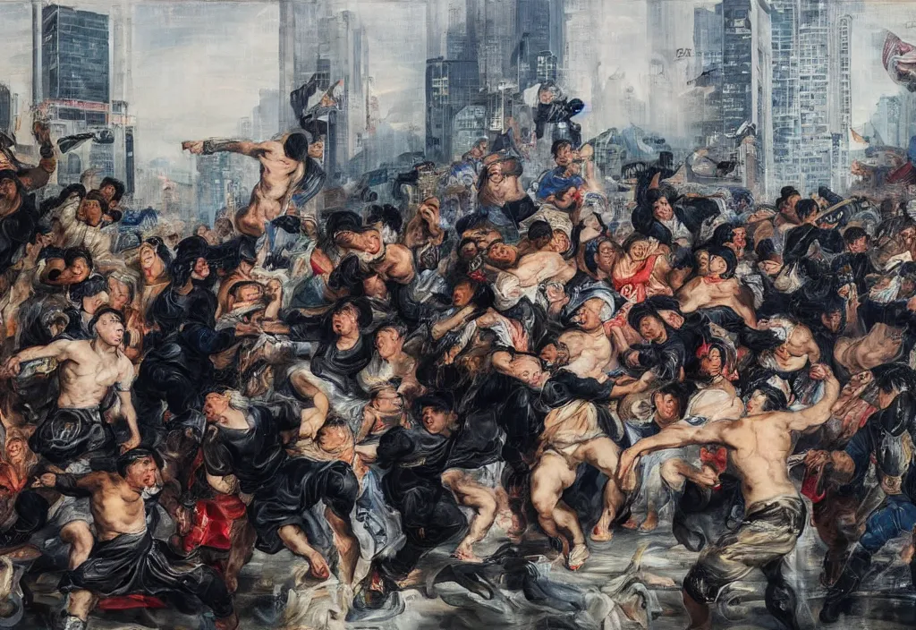 Image similar to 2 0 2 1 hong kong riot portrait by peter paul rubens. city buildings in the background.