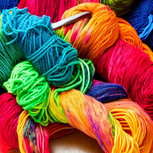 Prompt: photo of person eating a plate of colorful yarn like spaghetti