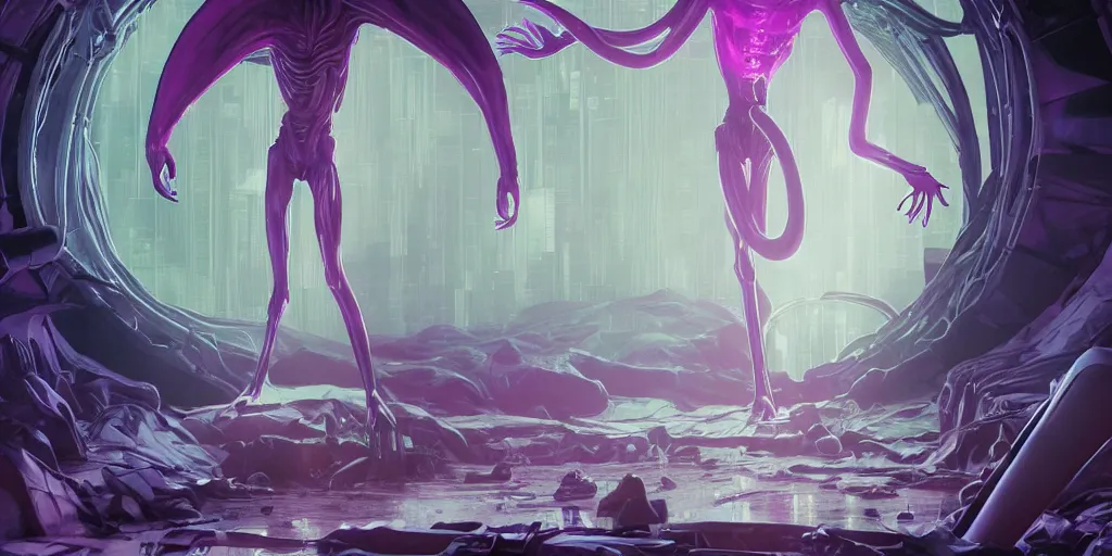 Image similar to A comic book illustration of a giant slender alien floating in a cryochamber filled with purple liquid, cyberpunk, 3d, epic, dim volumetric lighting, gloomy, high exposure colors, ominous, 8k resolution, deviantart, cryengine, octane render, hd, by Alphonse Mucha, Artgerm- H 768