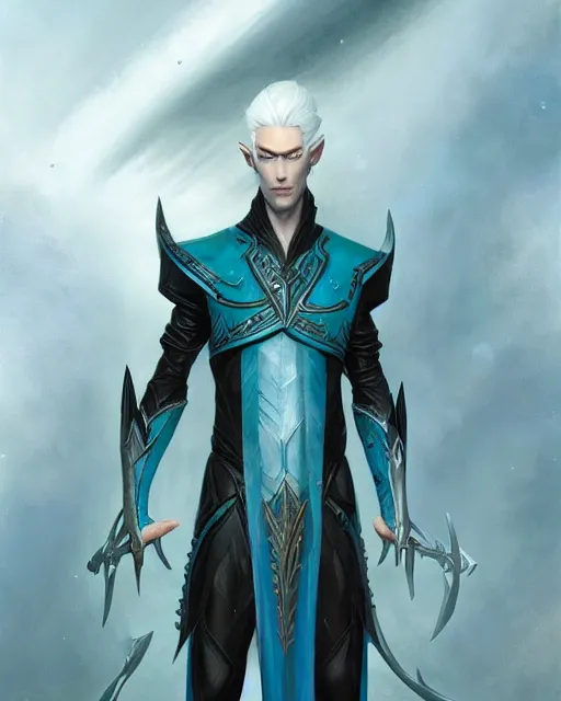 Image similar to character portrait of a slender young half elven man with white hair, piercing turquoise blue eyes, and pale blue skin, wearing sleek black armor, by greg rutkowski, mark brookes, jim burns, tom bagshaw, magali villeneuve, trending on artstation