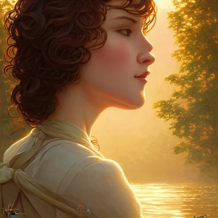 Prompt: a woman with short wavy hair, round face, cottagecore!!, river, trees, golden hour, intricate, elegant, highly detailed, digital painting, artstation, concept art, smooth, sharp focus, illustration, art by artgerm and greg rutkowski and alphonse mucha