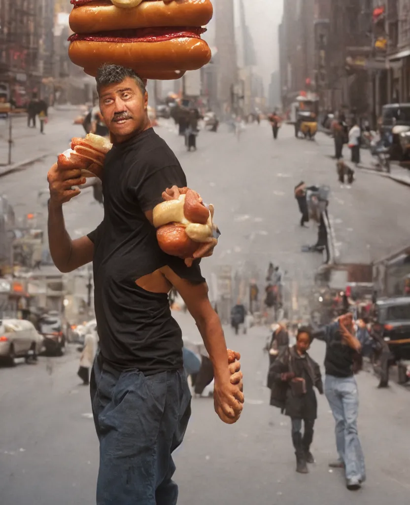 Image similar to closeup portrait of a man carrying a giant hotdog on his shoulder in a smoky new york back street, by Annie Leibovitz and Steve McCurry, natural light, detailed face, CANON Eos C300, ƒ1.8, 35mm, 8K, medium-format print