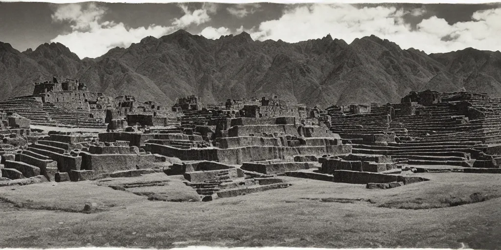 Image similar to lost city of the incas, vintage photograph, bw, by edward s curtis, realistic,