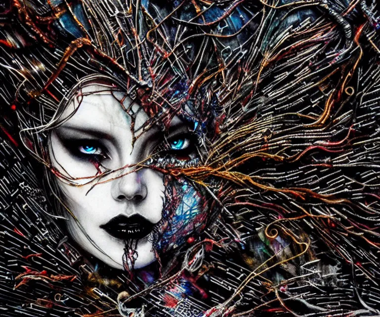 Prompt: stunning otherworldly gothic goddess of ice fire, dark and mysterious, atmospheric, ominous, eerie, cinematic, epic, 8 k, 4 k, ultra detail, ultra realistic, rendered by awesomeness. nights falling wind is blowwing snow is pilling concept art in style of carne griffiths artwork by xsullo el anatsui