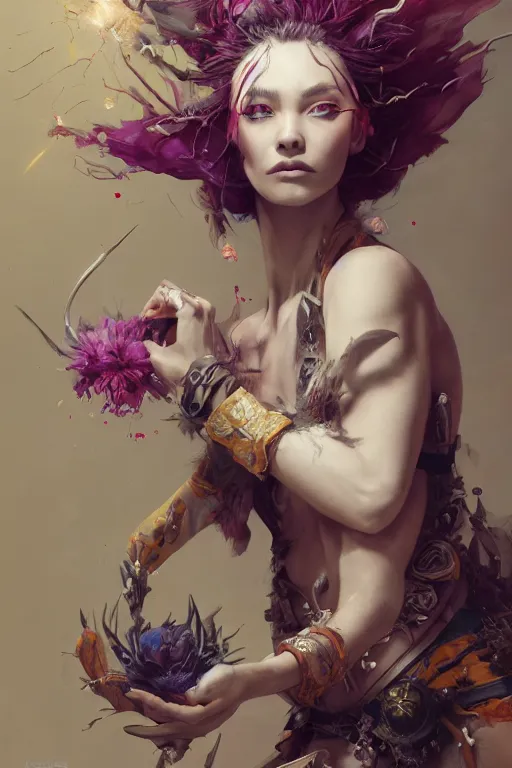 Prompt: beautiful girl witch - doctor exploding into flowers, angels, 3 d render, hyper - realistic detailed portrait, holding velvet and electricity, ruan jia, wlop. scifi, fantasy, magic the gathering, hyper detailed, octane render, concept art, peter mohrbacher