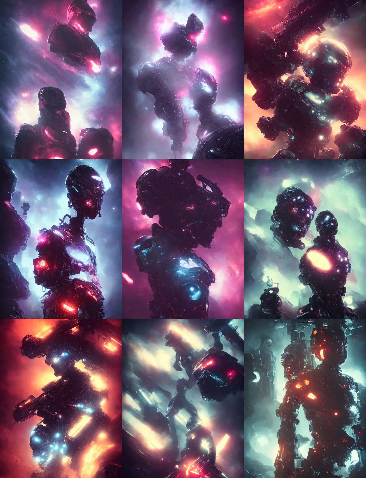 Prompt: humanoid _ muscular royal _ cyborg space _ men _ rockstar in _ a _ dramatic eerie nebula in, mid macro extreme low angle shot, cinematic, backlight, synthwave futuristic style by greg rutkowski