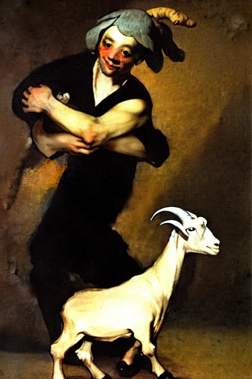 Image similar to dancing man with a goat head by francisco goya