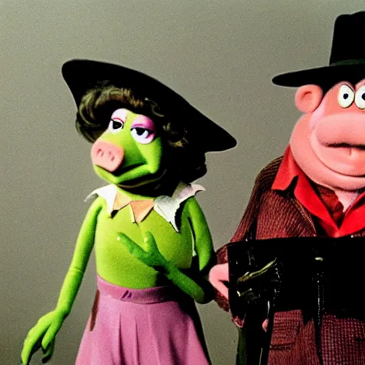 Image similar to miss piggy cheating on kermit the frog with bob dylan