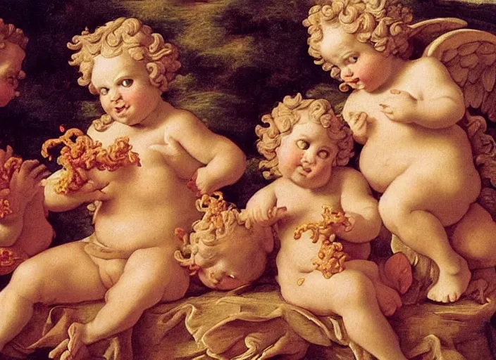 Image similar to cherubs eating cheeto's, extremely detailed, a baroque painting, rococo style