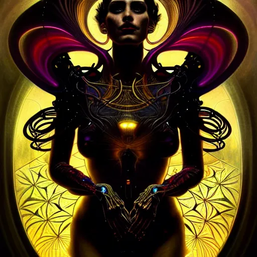 Image similar to extremely psychedelic beautiful cyborg god infected by night. intricate, elegant, highly detailed, extremely lifelike photorealistic digital painting, artstation. steichen, gaston bussiere, tom bagshaw, cyberpunk alphonse mucha. elegant minimalism. anatomically correct. sharp focus. black and gold. surreal lush cosmic hallucination