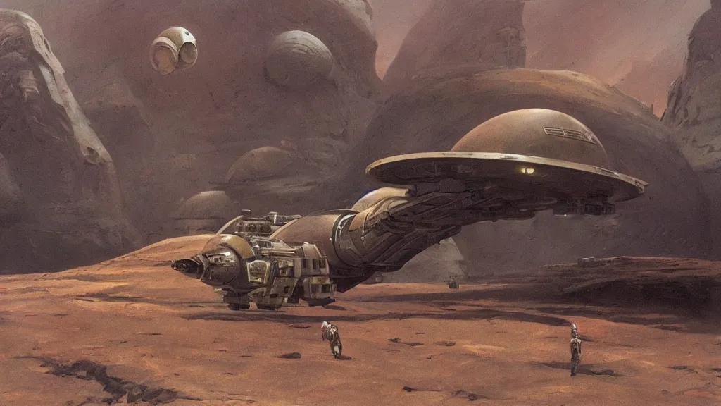 Image similar to small organic dropship lander by john schoenherr and jim burns, epic cinematic matte painting