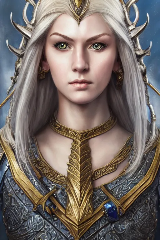 Image similar to highly detailed full body portrait painting of a proud young female elven knight in the style of Warhammer Fantasy by Artgerm and Arian Mark, medium length blonde hair, blue eyes, sapphire earrings, no helmet, low angle shot, highly detailed, trending on artstation, cgsociety, 4k, 8k, HDR, octane render, unreal engine