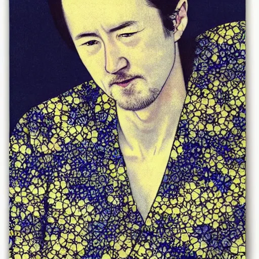 Image similar to “ edward norton portrait by ikenaga yasunari and ayana otake and ko rakusui, 6 0 s poster, drawing, realistic, sharp focus, japanese, dreamy, nostalgia, faded, golden hues, floral clothes, porcelain skin ”