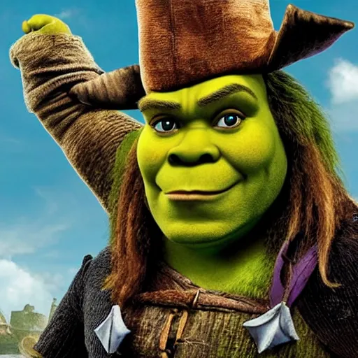 Prompt: promotional image of shrek as a pirate in Pirates of the Caribbean: The Curse of the Black Pearl (2003 film), detailed face, movie still, promotional image, imax 70 mm footage
