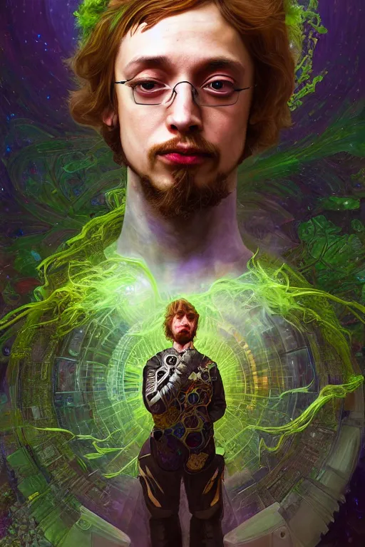 Prompt: portrait of Celestial Sam Hyde as a futuristic royal king, inside future fighter, sci-fi, fantasy, intricate, lush garden spaceship, elegant, human anatomy, royal green and nature light, highly detailed, digital painting, artstation, concept art, smooth, sharp focus, illustration, art by tian zi and WLOP and alphonse mucha