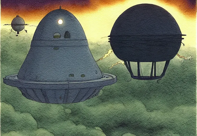 Image similar to a simple studio ghibli watercolor fantasy concept art of a dark grey boxy ufo at night. by studio ghibli, rebecca guay, michael kaluta, charles vess