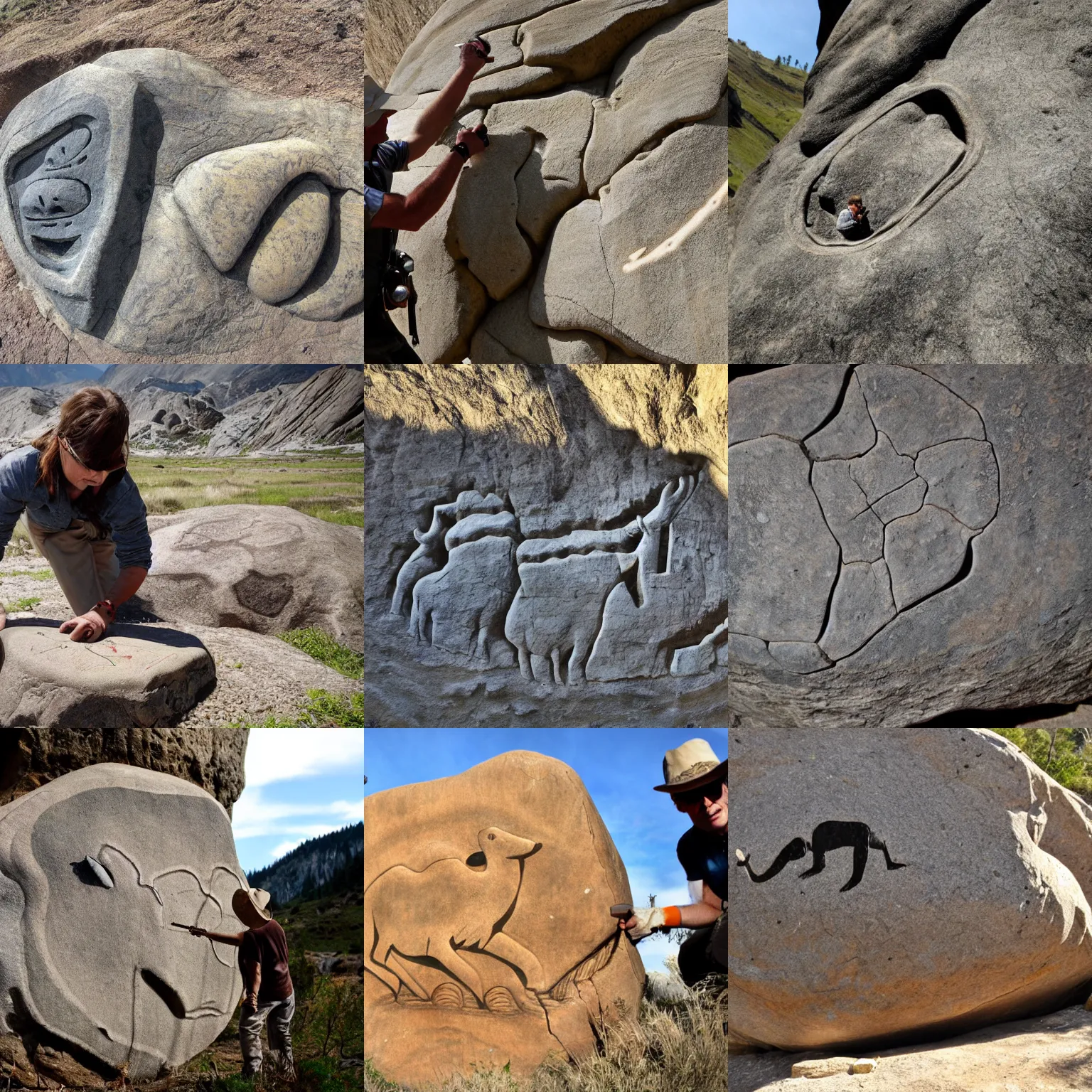 Prompt: rock art carved in stone, hunting for a mammoth