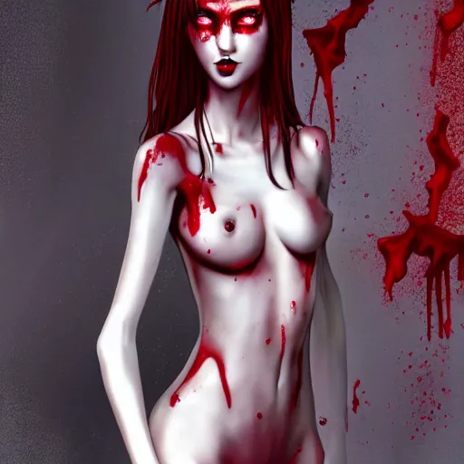 Image similar to a photorealistic pretty female slim vampire covered in blood with an extreme level of detail her body