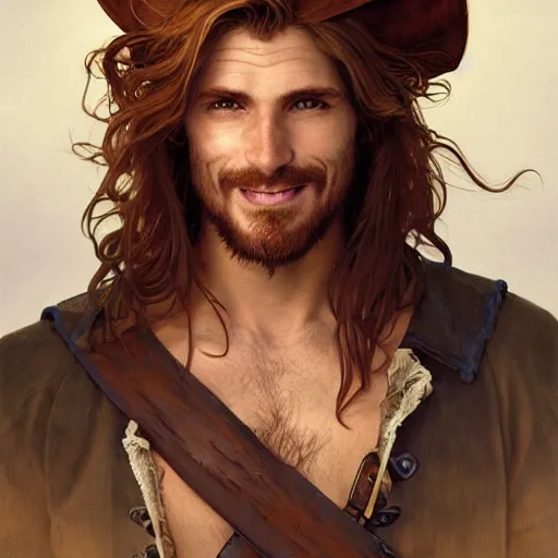 Image similar to portrait of a young ruggedly handsome but joyful pirate, male, masculine, upper body, red hair, long hair, d & d, fantasy, joyful smirk, wink, intricate, elegant, highly detailed, digital painting, artstation, concept art, matte, sharp focus, illustration, art by artgerm and greg rutkowski and alphonse mucha