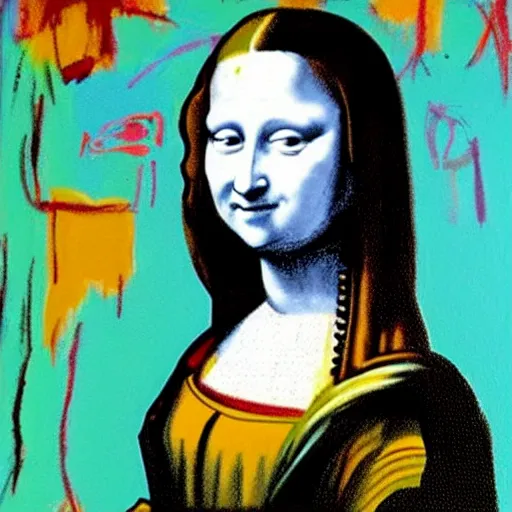 Image similar to portrait painting of monalisa in the style of jean-Michel Basquiat