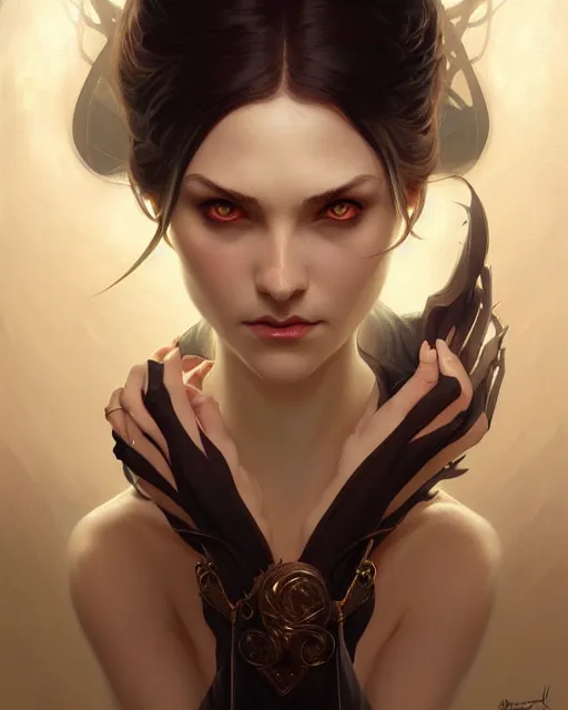 Prompt: Portrait of evil girl facing straight, face, dark fantasy, intricate, elegant, highly detailed, digital painting, artstation, concept art, smooth, sharp focus, illustration, art by artgerm and greg rutkowski and alphonse mucha