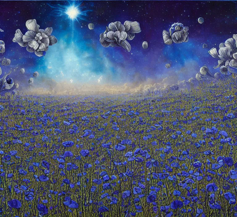 Image similar to detailed, intricate blue black and purple papaverum flower on the field, nebula, galaxy in the sky, winning award masterpiece, fantastically beautiful, illustration, aestheticly inspired, jacek yerka, upscale with anguissola sofonisba work, artstation, 8 k