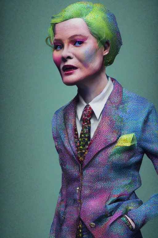 Image similar to a scene with a character wearing a super colorful muted color diy! suit, vivienne westwood!, detailed photoreal render octane render, pointillism, oil on canvas