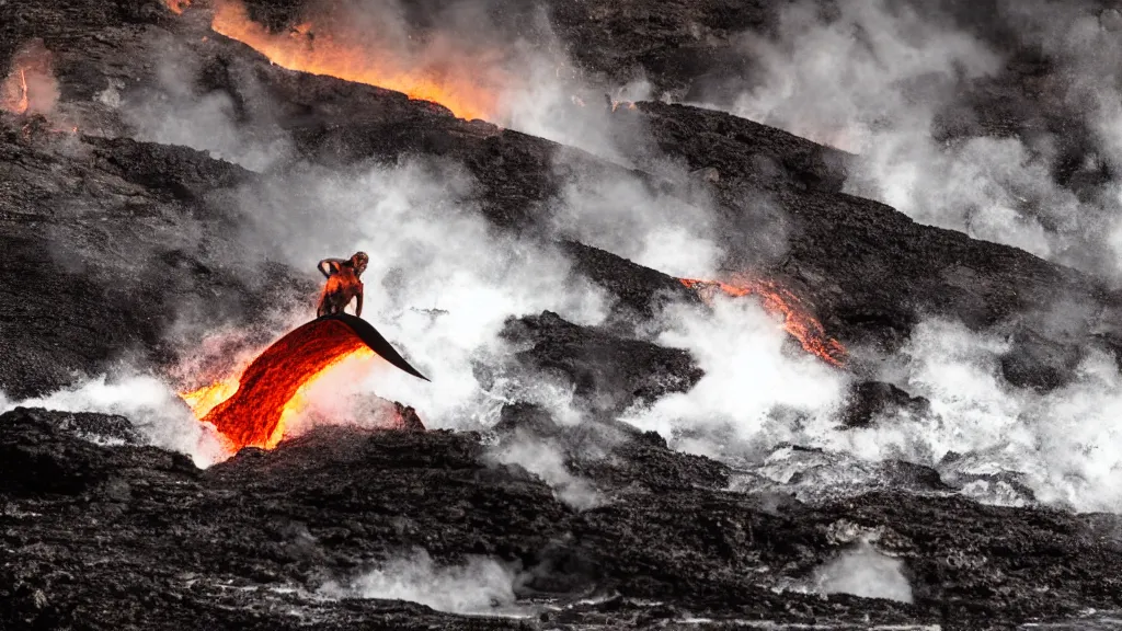 Image similar to person in armor surfing down a river of lava on the side of a volcano on surfboard, action shot, dystopian, thick black smoke and fire, motion blur, sharp focus, cinematic, tilt shift lens