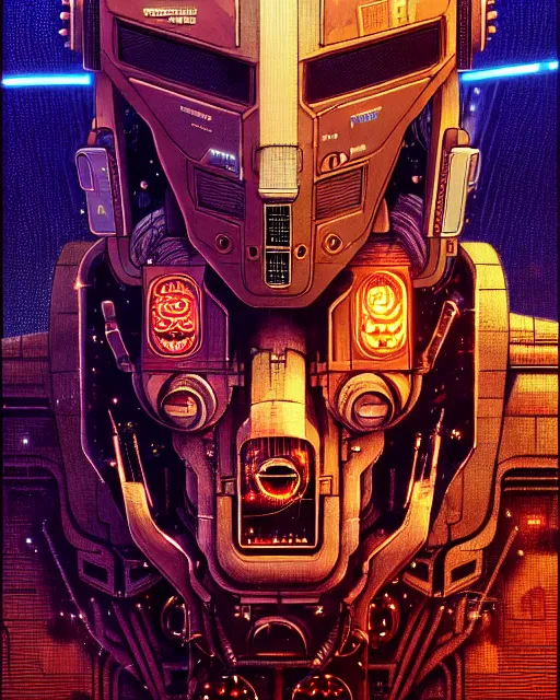 Image similar to cyberpunk robot, character portrait, portrait, close up, concept art, intricate details, soft glow, highly detailed, vintage sci - fi poster, in the style of chris foss, rodger dean, moebius, michael whelan, and gustave dore