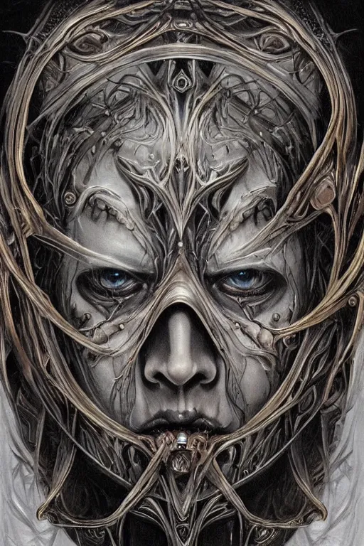 Image similar to Elden Ring and Doom themed painting of majestic chromatic biomechanical anatomical elven female hybrid beautiful ethereal angel symmetrical neutral mask closeup face tattoo pattern golden ratio concept, Neo-Gothic concept, infinity glyph waves, intricate artwork masterpiece, very coherent artwork, cinematic, full frontal facial features by Artgerm, art by H.R. Giger, Takato Yamamoto, Zdizslaw Beksinski, Johnatan Wayshak, Moebius, Ayami Kojima, very anatomically coherent artwork, trending on cgsociety, ultra high quality model, production quality cinema model, high detail chromatic ink outline, octane render, unreal engine 8k, hyper realism, high detail, octane render, unreal engine, 8k, High contrast