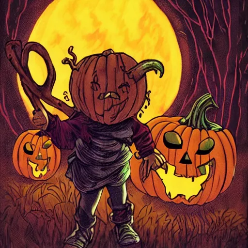 Image similar to Sam from Trick R Treat, stands in front of pumpkin filled lawn at Night, Halloween comic book, comic book art in the style of frank miller