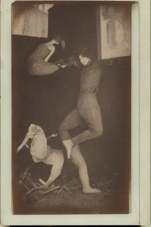 Image similar to man breaking into pieces while a woman tries to hold the fallen parts, surreal, 1 9 1 0 polaroid photo