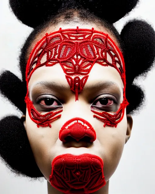 Prompt: symmetrical close - up portrait of a black woman wearing red silicone embroidered beauty mask and hair buns, wearing a black bodysuit by alexander mcqueen, cream white background, soft light, biotechnology, humanoide robot, bjork aesthetic, translucent, by rineke dijkstra, intricate details, highly detailed, masterpiece,