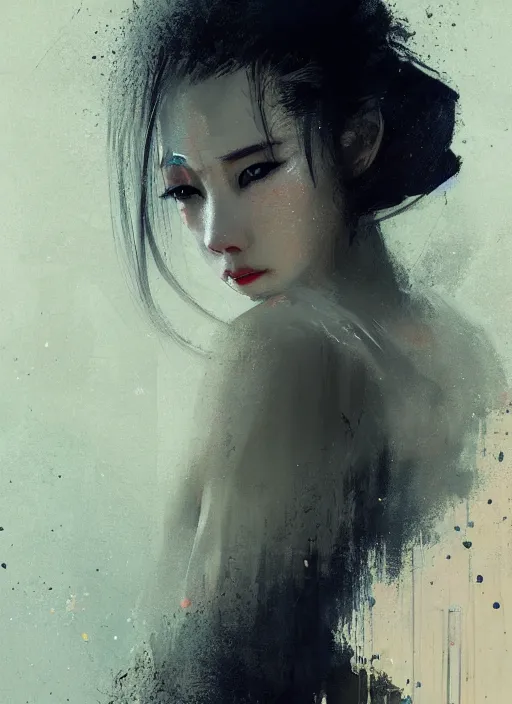 Prompt: female geisha girl, beautiful face, bladerunner, rule of thirds, intricate outfit, spotlight, by greg rutkowski, by jeremy mann, digital painting