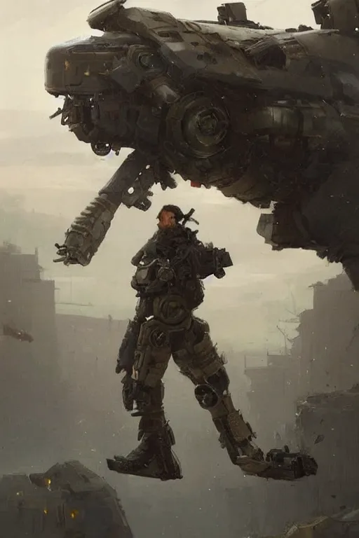 Image similar to a mech sodier with a head of a british longhair cat in the war, epic scene, by greg rutkowski