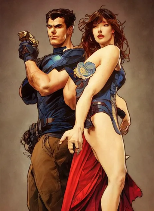 Prompt: a couple, a handsome man and a beautiful woman. they are dressed as superheroes. clean elegant painting, beautiful detailed face. by artgerm and greg rutkowski and alphonse mucha