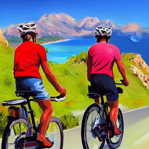 Prompt: 3 friends on professional road bycycles riding in the mountains of Mallorca, sea in the background, oil painting, 4k