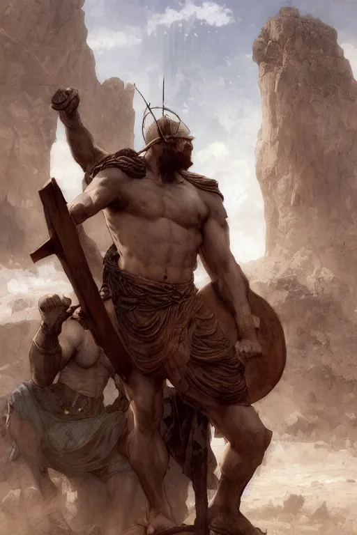 Image similar to ancient historically accurate depiction of the Bible Character Goliath of Gath, the Philistine warrior giant by frank miller, illustration by Ruan Jia and Mandy Jurgens and William-Adolphe Bouguereau, Artgerm, 4k, digital art, surreal, space dandy style, highly detailed, godsend, artstation, digital painting, concept art, smooth, sharp focus, illustration by Ruan Jia and Mandy Jurgens and William-Adolphe Bouguereau, Artgerm