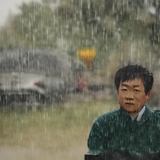 Prompt: A detailed portrait of Hu Tao from Genshin Impact sitting on a park bench in the rain.