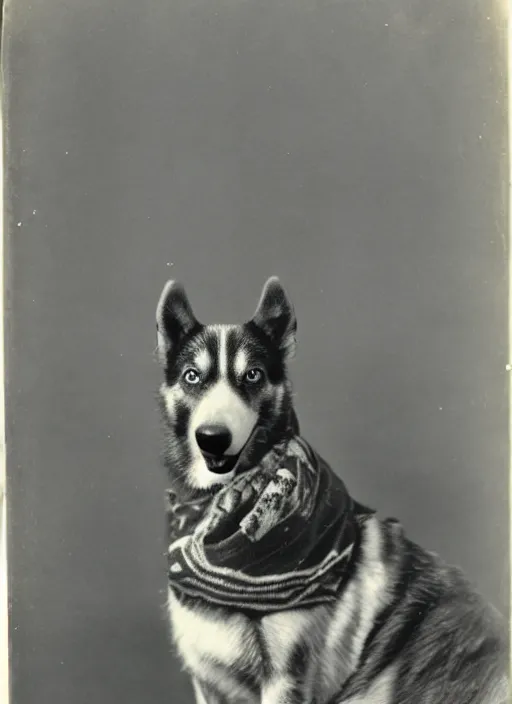 Image similar to late 1 8 0 0 s daugerrotype photograph of a happy husky dog wearing a scarf