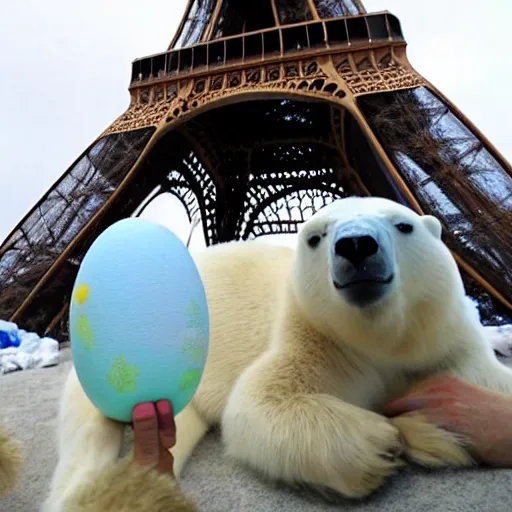 Image similar to A polar bear painting easter eggs in front of the Eiffel Tower