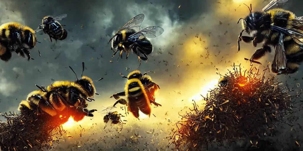 Prompt: Bumblebees going to war versus Humanity, realistic 4k octane beautifully detailed render, 4k post-processing, highly detailed, intricate complexity, epic composition, magical atmosphere, cinematic lighting, masterpiece, ultra hd